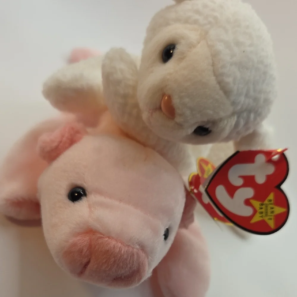 Ty Beanie Babies Spring Pair Squeeler The Pink Pig 1993 + Fleece The White Lamb